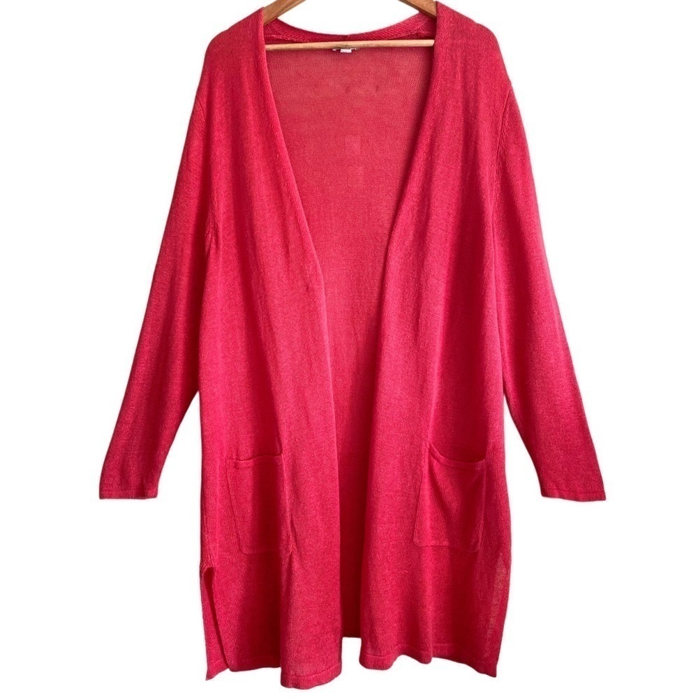 J. JILL Linen Blend Open Front Lightweight Boho Red Long Knit Duster Cardigan XL